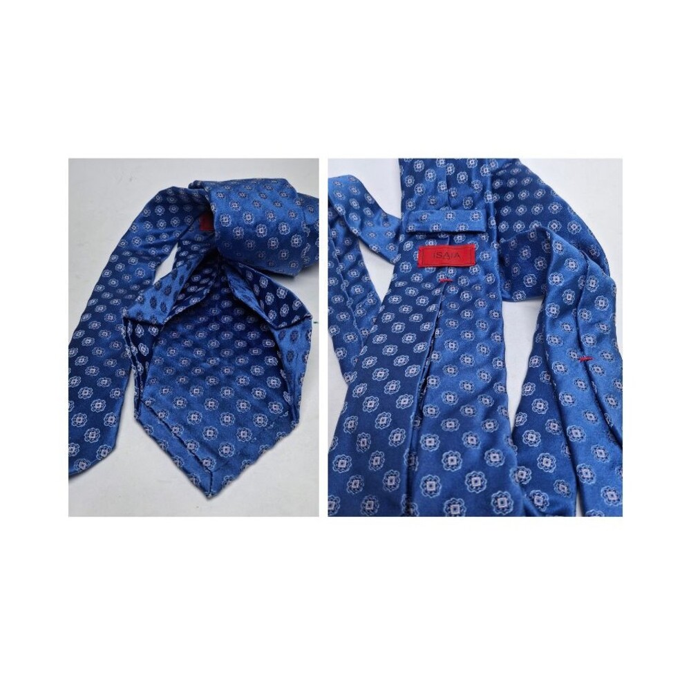 ISAIA 7 Fold Tie Men Silk Thick Blue Medallion Quiet Luxury 3.25"x 60" Formal